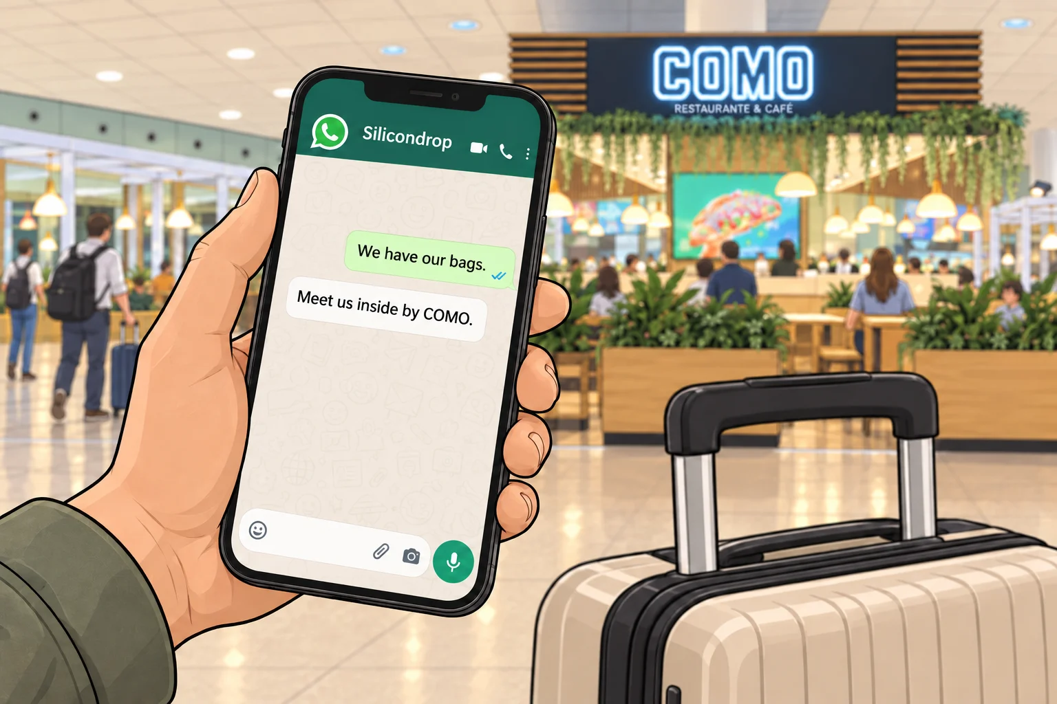 Illustrated WhatsApp conversation with Silicondrop on a phone, showing an example luggage update and directions to meet inside by Como.
