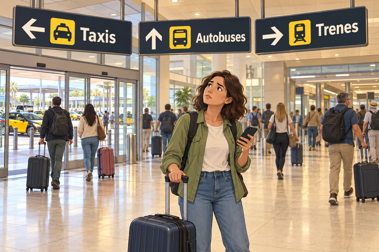 Illustration of a confused traveler with a suitcase inside an airport arrivals hall, looking at Spanish signs pointing towards taxis, buses and trains.